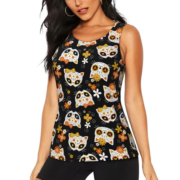Picia cat sugar skulls Pattern Women's Workout Tank Top,Breathable Activewear,Slim Fit Athletic Top,Versatile Workout Moisture-wicking top-Medium