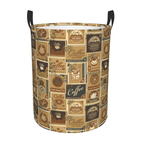 Picia coffee Stamps Pattern Large Laundry Basket, Waterproof, Freestanding Laundry Hamper, Collapsible Tall Clothes Hamper with Extended Handles-Medium