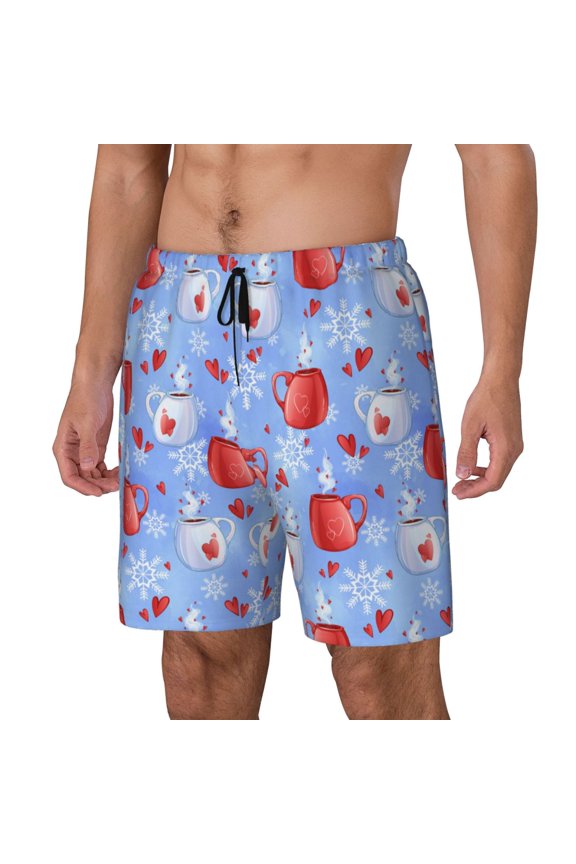 coffee love cup winter pattern Mens Swim Trunks with Compression Liner Stretch Beach Shorts Quick Dry with Zipper Pockets No-Chafing Board Shorts-Small