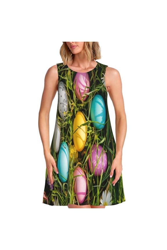 colorful Easter eggs Print Women’s Sleeveless Midi Swing Dress – A-Line Pleated Tank Sundress, Comfortable and Flowy T-Shirt Dress