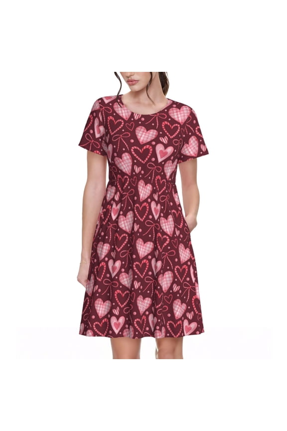 colorful Heart Pattern Women's Short Sleeve Summer Dress Pleated Loose Swing Knee Length Short Sleeve Swing Dresses