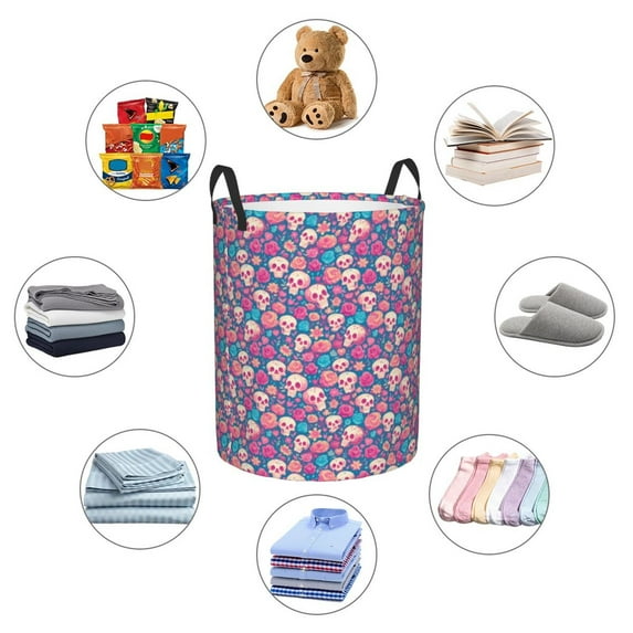 Picia colorful Skull flower Large Laundry Basket, Waterproof, Freestanding Laundry Hamper, Collapsible Tall Clothes Hamper with Extended Handles-Small
