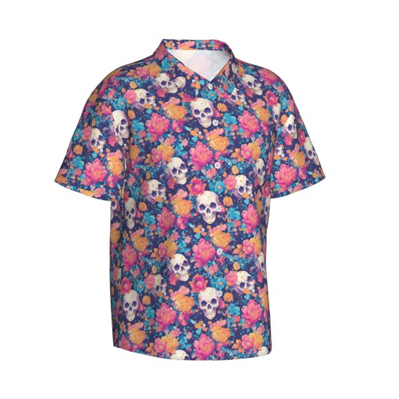 Picia colorful Skull flower daisy Gentle Cotton Regular Fit Short Sleeve Casual Hawaiian Shirt for Men-XX-Large