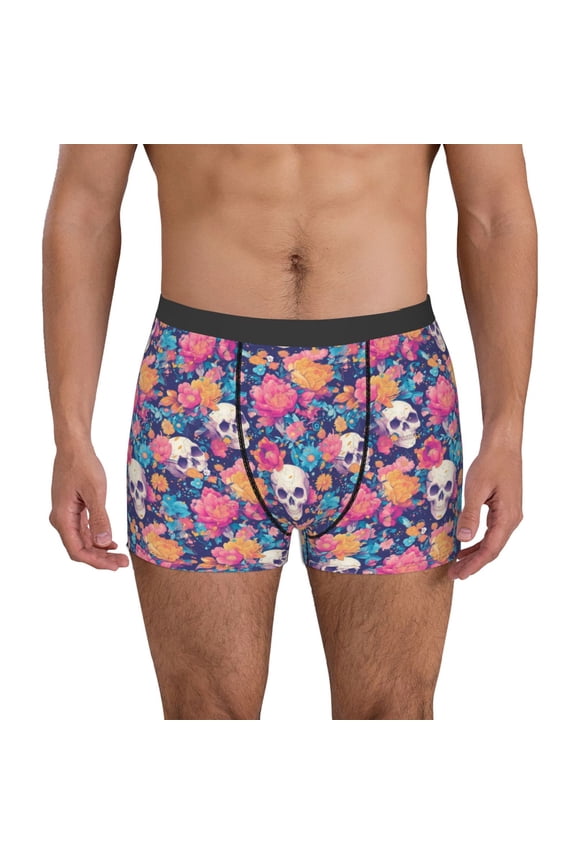 colorful Skull flower daisy Pattern Men’s Boxer Briefs – Soft & Breathable Underwear, Stretchy & Comfortable Fit, Supportive Pouch Design, Moisture-Wicking-Large
