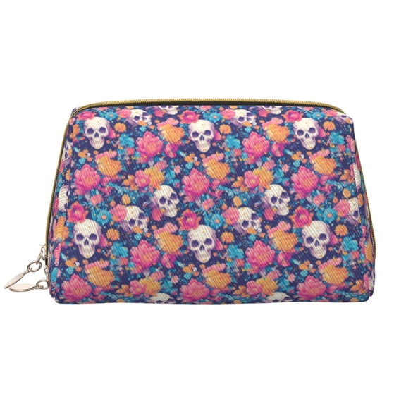 Picia colorful Skull flower daisy Print Leather Makeup Bag Make Up Bag Travel Toiletry Bag for Her Girlfriend Teacher Teen Girl Gifts