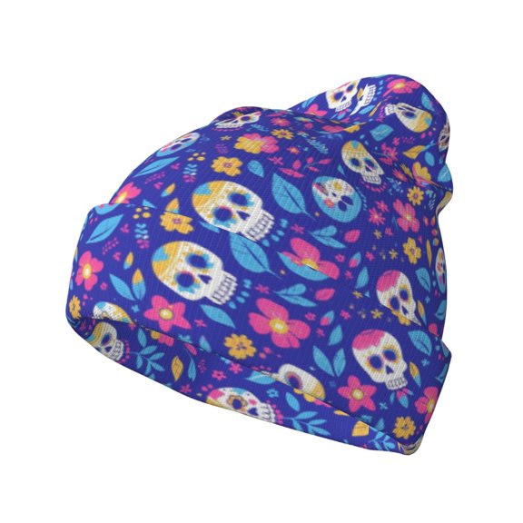 Picia colorful Skull flower leaf Pattern Knitted Beanie Hat for Men and Women , Unisex Winter Warm Stretchy Knit Cap Thick Fisherman Beanies Cuffed Plain Skull Caps