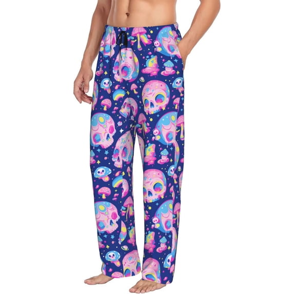 Picia colorful Skull mushroom rainbow Mens Soft Woven Cotton Elastic Waistband Sleep Pajama Pant Lounge Sleep Pant With Pockets And Drawstring-XX-Large