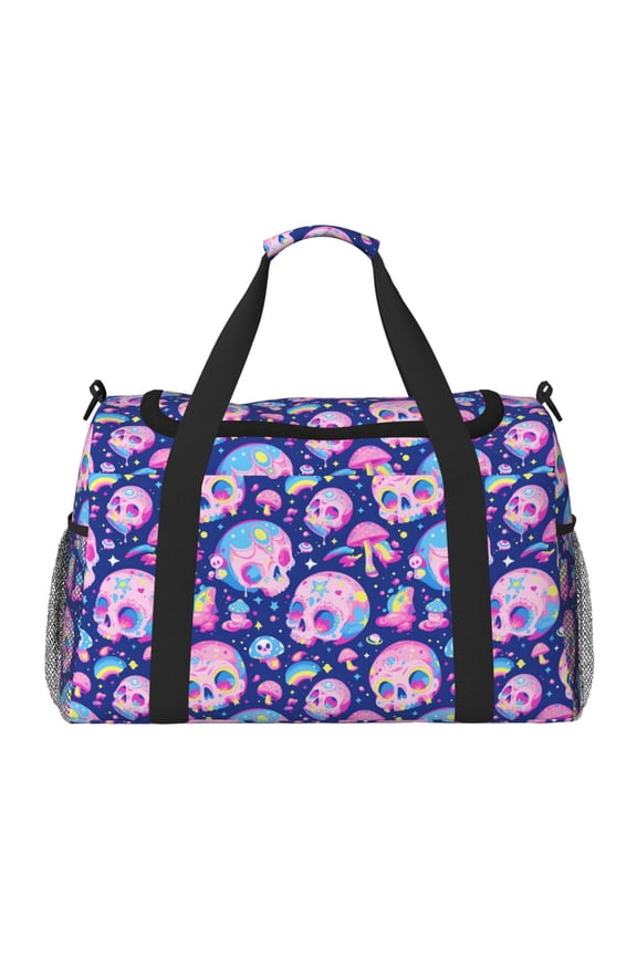 colorful Skull mushroom rainbow Print Travel Duffle Bag,Weekender Bags for Women with Shoe Compartment, Gym Duffel Bag with Wet Pocket, Hospital Bags for Labor and Delivery