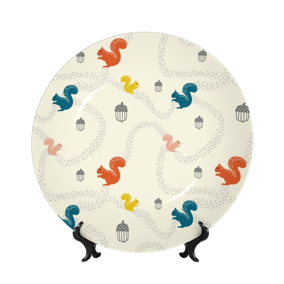 Picia colorful Squirrel Nuts Pattern Bone China Decorative Plate – Wall Decor with Stand and Adhesive, Elegant Ornament for Living Room, Office, or Entryway-6in