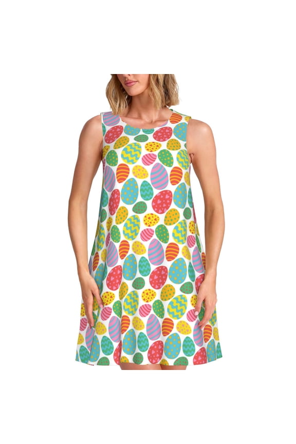 colorful easter eggs Print Women’s Sleeveless Midi Swing Dress – A-Line Pleated Tank Sundress, Comfortable and Flowy T-Shirt Dress