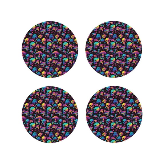 Picia colorful mushroom Skull Printed Leather Coasters for Drinks, 4" Drink Coasters Set of 4 for Tabletop Protection, Handmade Luxurious Home Décor and Housewarming Gift -Round Shape