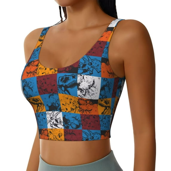 Picia colorful plaid Dinosaur Sports Bra for Women,Padded Strappy Sports Bras Medium Support Yoga Bra with Removable Cups,Running Yoga Bra-X-Large