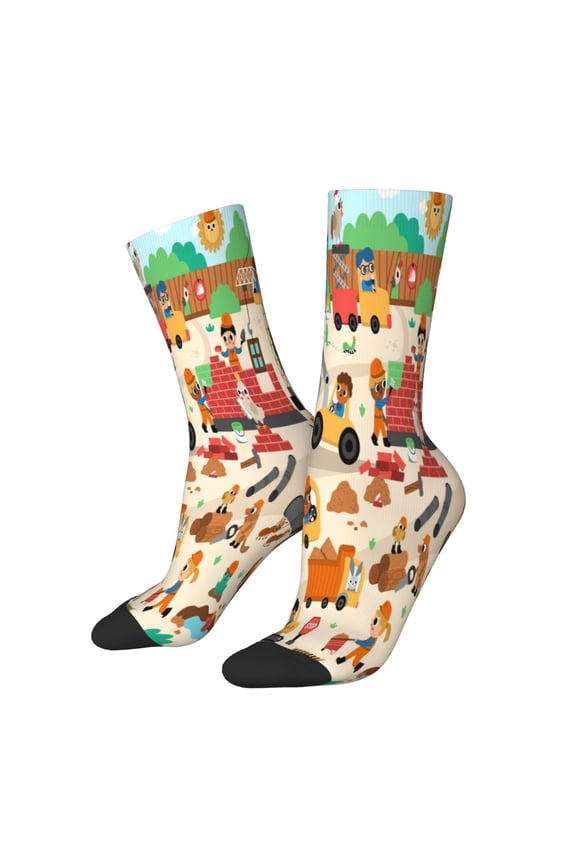 construction road work landscape Print Athletic Socks for Men & Women – Cushioned Moisture-Wicking Crew Socks for Sports, Running, and Training, Soft & Breathable Size 5-11