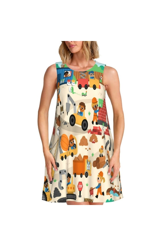 construction road work landscape Print Women’s Sleeveless Midi Swing Dress – A-Line Pleated Tank Sundress, Comfortable and Flowy T-Shirt Dress