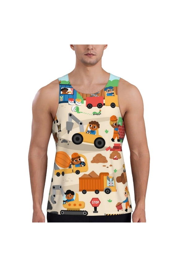 construction road work landscape Printed Men’s Performance Tank, Men's Workout Tank Top Moisture-Wicking Tank Top Muscle tee, Breathable Workout Shirt-XX-Large