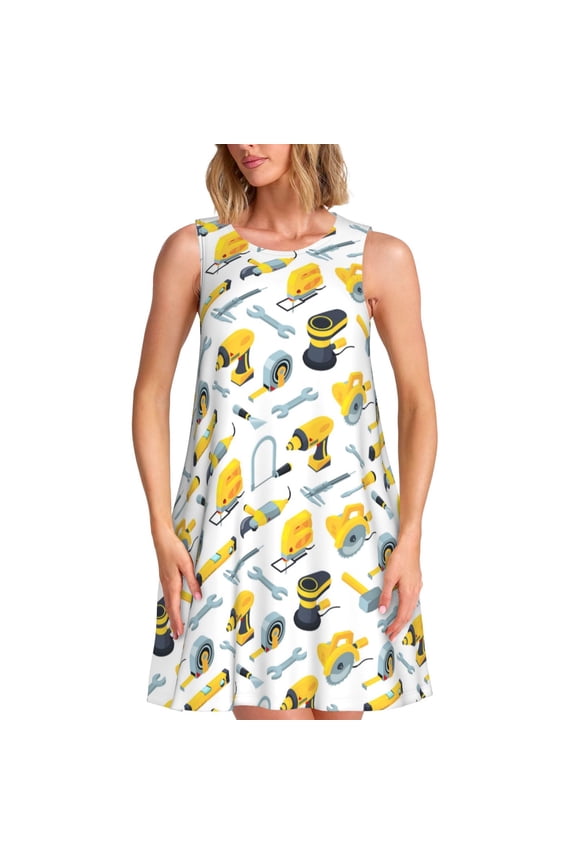 construction tools Print Women’s Sleeveless Midi Swing Dress – A-Line Pleated Tank Sundress, Comfortable and Flowy T-Shirt Dress