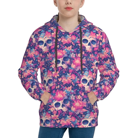 Picia cool Skull flower colorful Pattern Youth Hoodie - Warm Pullover Sweatshirt with Kangaroo Pocket, Ideal for Boys and Girls-Medium