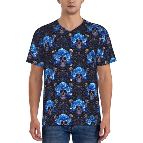 Picia cool blue flower Skull Pattern Mens Polo Shirts Quick Dry Short Sleeve Golf T Shirt Performance Moisture Wicking Casual Workout Baseball T-shirt-XX-Large