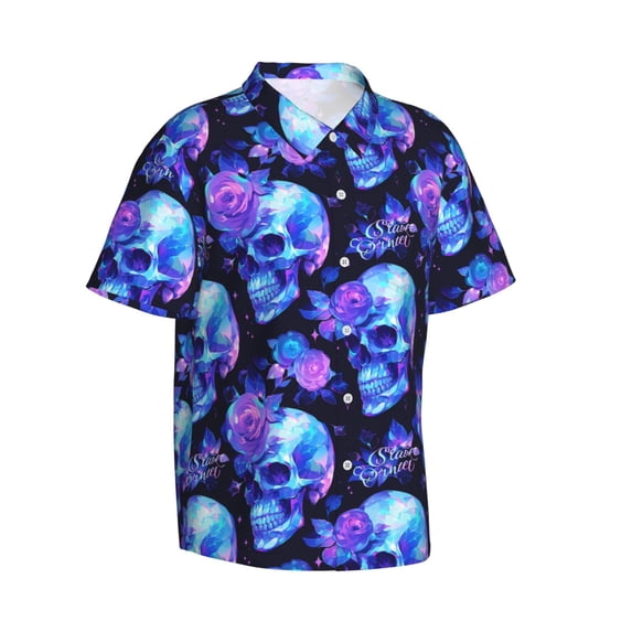 Picia cool crystal Skull flower Gentle Cotton Regular Fit Short Sleeve Casual Hawaiian Shirt for Men-Small