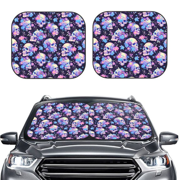 Picia cool flower Skull 2 Piece Car Windshield Sun Shade Foldable | Foldable Sun Shield for Front Window Blocks UV Rays and Keeps Your Vehicle Cool-Large