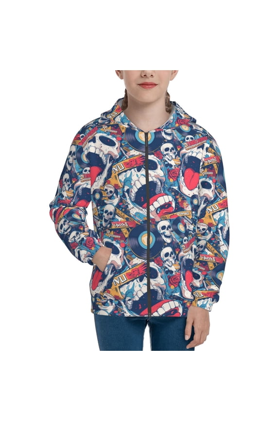 cool rock Skull for Boys Fashion Full-zip Hoodies & Sweatshirts with Kangaroo Pocket,Zip-up Hooded Sweatshirt for Kid, Moisture Wicking & Breathable-Medium