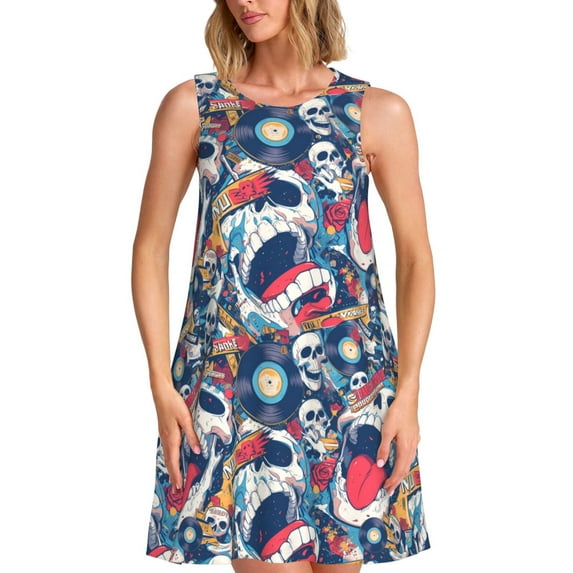 Picia cool rock Skull Print Women’s Sleeveless Midi Swing Dress – A-Line Pleated Tank Sundress, Comfortable and Flowy T-Shirt Dress