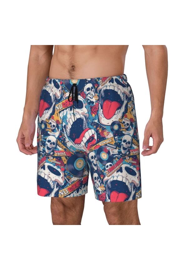 cool rock Skull pattern Mens Swim Trunks with Compression Liner Stretch Beach Shorts Quick Dry with Zipper Pockets No-Chafing Board Shorts-Small