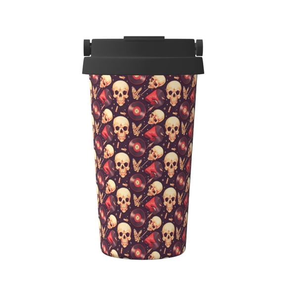 Picia cool rock Skull record Pattern 500ml Carry Insulated Coffee Mug, Stainless Steel Travel Mug with Hidden Handle, Leak-Proof for Car, Office, Home, and Outdoor Use