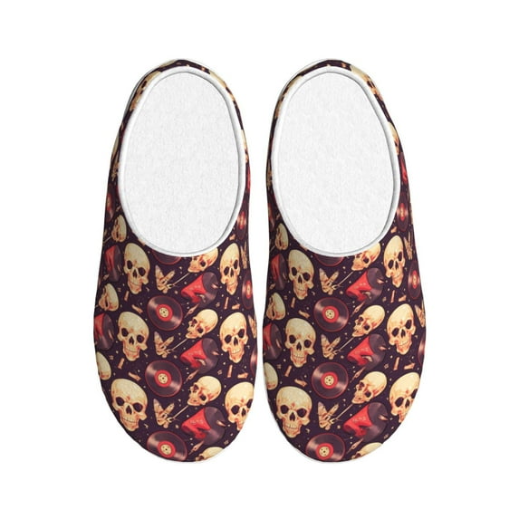 Picia cool rock Skull record for Women's Lamb-hug Comfy Fleece House Slippers Memory Foam, Slip-on House Shoes Indoor Outdoor-46/47