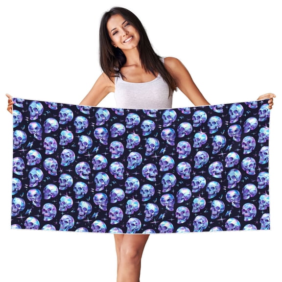 Picia crystal Skull Print Silver Fox Velvet Beach Towel,Quick-Dry Beach Towel,Lightweight Travel Towel,Portable Beach Towels