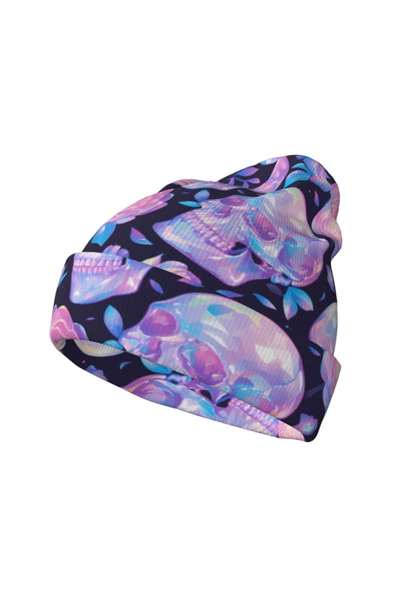 crystal Skull flower Pattern Knitted Beanie Hat for Men and Women , Unisex Winter Warm Stretchy Knit Cap Thick Fisherman Beanies Cuffed Plain Skull Caps