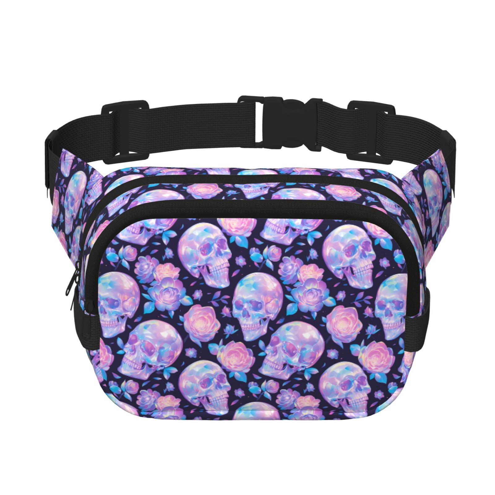 Picia crystal Skull flower Print Square Double-Layer Waist Bag Mini Adjustable Waist Belt Bag Exercise Running Travel Hiking