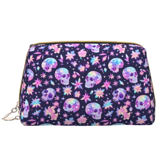 Picia crystal Skull flower cool Print Leather Makeup Bag Make Up Bag Travel Toiletry Bag for Her Girlfriend Teacher Teen Girl Gifts
