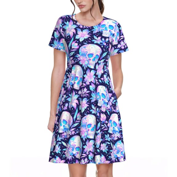Picia crystal Skull flower leaf Pattern Women's Short Sleeve Summer Dress Pleated Loose Swing Knee Length Short Sleeve Swing Dresses