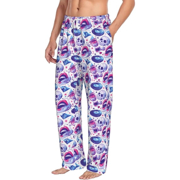 Picia crystal Skull record lips Mens Soft Woven Cotton Elastic Waistband Sleep Pajama Pant Lounge Sleep Pant With Pockets And Drawstring-Small