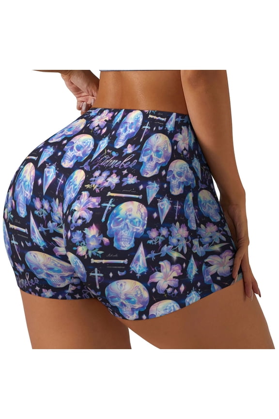 crystal cool Skull flower Printed Workout Shorts for Women Seamless Scrunch Butt Lifting High Waisted Yoga Gym Booty Running Moisture-wicking Short Pants-X-Large