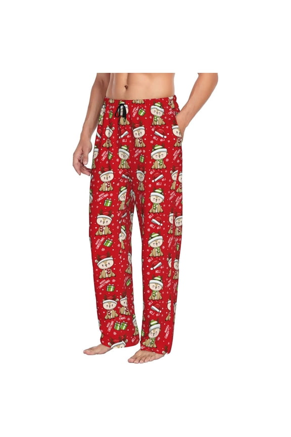 cute Christmas Moose Mens Soft Woven Cotton Elastic Waistband Sleep Pajama Pant Lounge Sleep Pant With Pockets And Drawstring-Medium