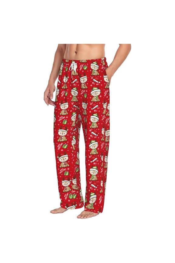 cute Christmas Moose Mens Soft Woven Cotton Elastic Waistband Sleep Pajama Pant Lounge Sleep Pant With Pockets And Drawstring-Small