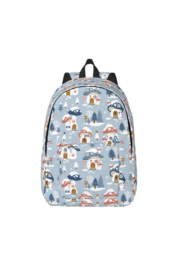 cute Mushroom Village Printed Canvas Daypack - Stylish and Durable Vintage Compact Backpack - Class, Work, Travel, or Laptop Bookbag,Organized Compartments-Small