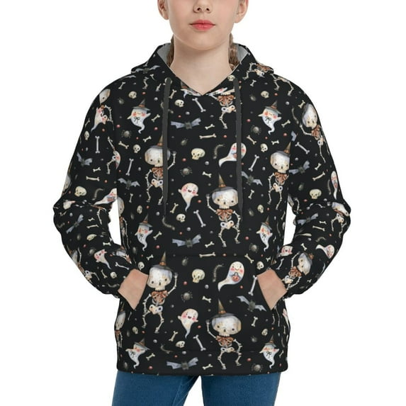 Picia cute Skull bone Pattern Youth Hoodie - Warm Pullover Sweatshirt with Kangaroo Pocket, Ideal for Boys and Girls-Small