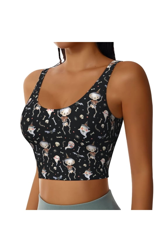 cute Skull bone Sports Bra for Women,Padded Strappy Sports Bras Medium Support Yoga Bra with Removable Cups,Running Yoga Bra-Large