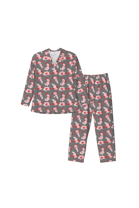 cute pink axolotl Pattern Men’s Long-Sleeve Sleepwear Set - Soft 2-Piece Loungewear with Pockets, Comfy PJs for Relaxing Nights-XX-Large