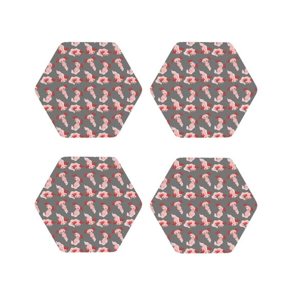 Picia cute pink axolotl Printed Leather Coasters for Drinks, 4" Drink Coasters Set of 4 for Tabletop Protection, Handmade Luxurious Home Décor and Housewarming Gift-Hexagon