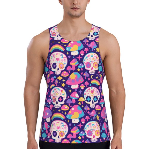 Picia cute rainbow mushroom Skull Printed Men’s Performance Tank, Men's Workout Tank Top Moisture-Wicking Tank Top Muscle tee, Breathable Workout Shirt-Medium