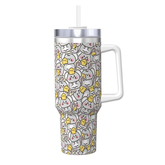 Picia cute rat with cheese Pattern 40oz Ice Bully Insulated Tumbler with Handle, Double-Wall Stainless Steel Cup, Leak-Proof Lid and Straw