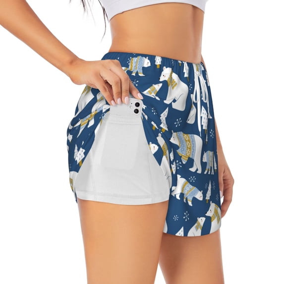 Picia cute winter bear Pattern Women's 2 in 1 Athletic Running Shorts High Waisted Workout Casual Gym Sweat Shorts with Comfy Liner Zipper Pockets-Large