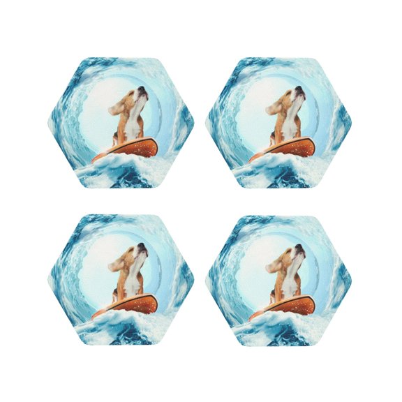 Picia dog surfing on surfboard Printed Leather Coasters for Drinks, 4" Drink Coasters Set of 4 for Tabletop Protection, Handmade Luxurious Home Décor and Housewarming Gift-Hexagon