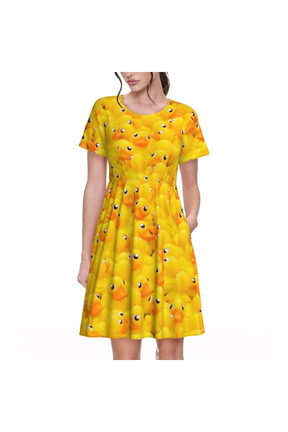 duck floating in the pool Pattern Women's Short Sleeve Summer Dress Pleated Loose Swing Knee Length Short Sleeve Swing Dresses