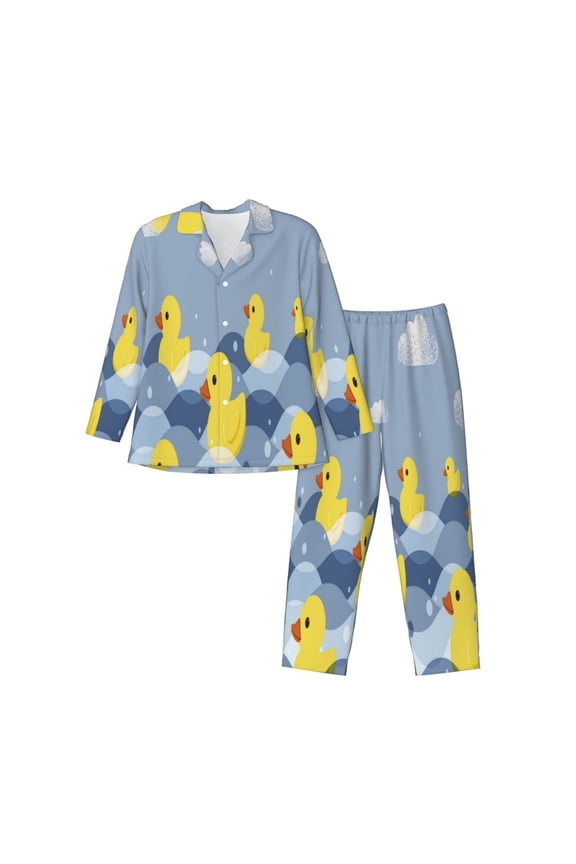 ducklings swim on the sea waves Pattern Men’s Long-Sleeve Sleepwear Set - Soft 2-Piece Loungewear with Pockets, Comfy PJs for Relaxing Nights-Medium