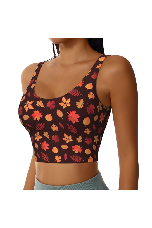 fall Maple leaf Sports Bra for Women,Padded Strappy Sports Bras Medium Support Yoga Bra with Removable Cups,Running Yoga Bra-Small